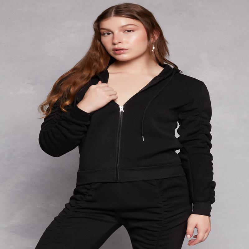 Ruched Sleeve Zip Front Hoodie