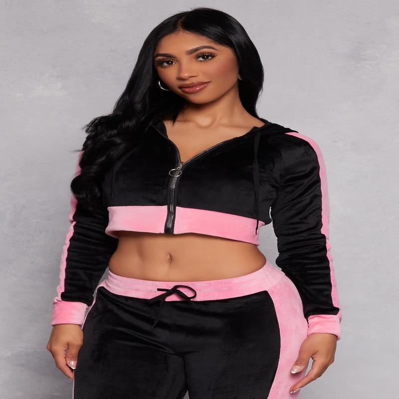 Velour Side Stripe Zip Front Cropped Hoodie