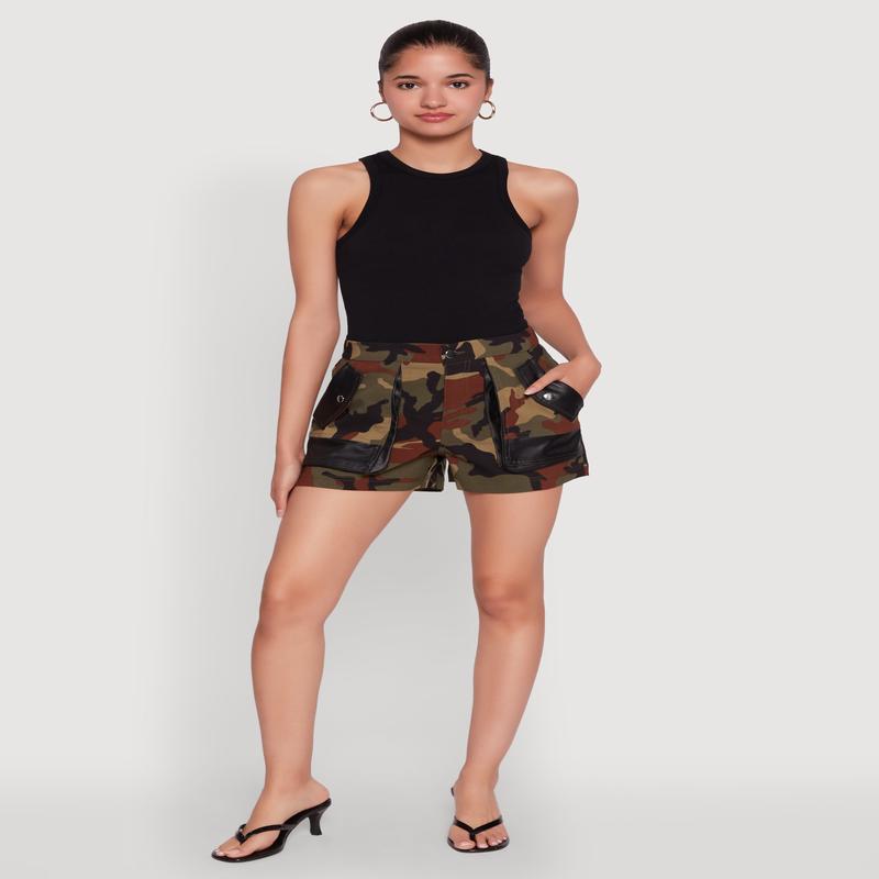 Camouflage Shorts with Faux Leather Contrast Trim