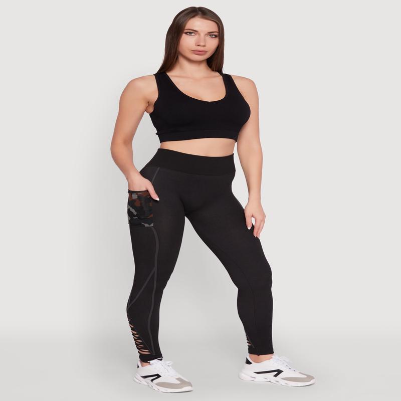 Trendy High Waisted Camo Pocket Laser Cut Leggings