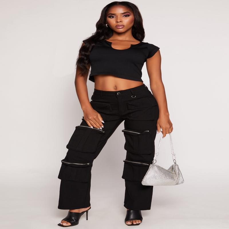 Stretch High Waisted Wide Leg Cargo Pants