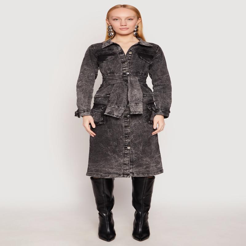 Spoon Jeans Tie Front Acid Wash Denim Dress