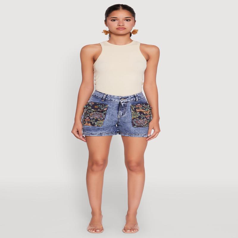Trendy Floral Jacquard Cargo Pocket Denim Shorts