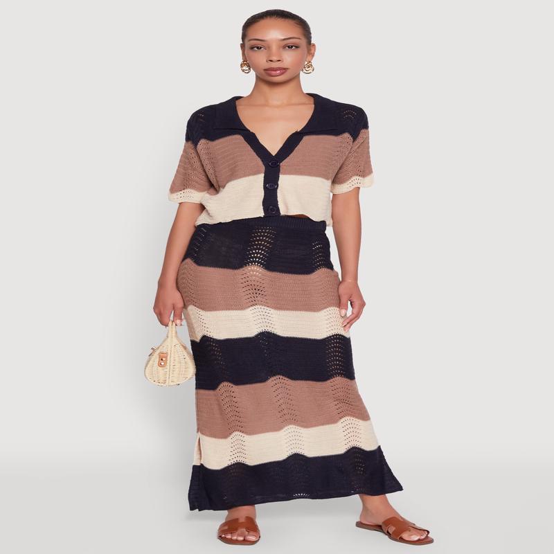 Chic Crochet High Waisted Striped Maxi Skirt