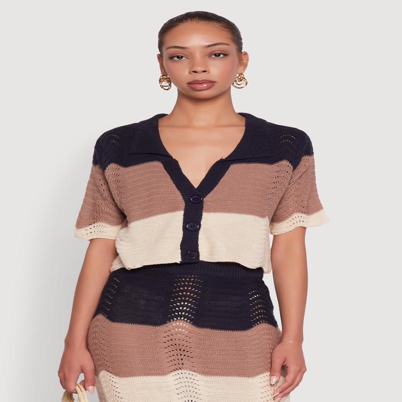 Chic Crocheted Striped Button Front Cardigan