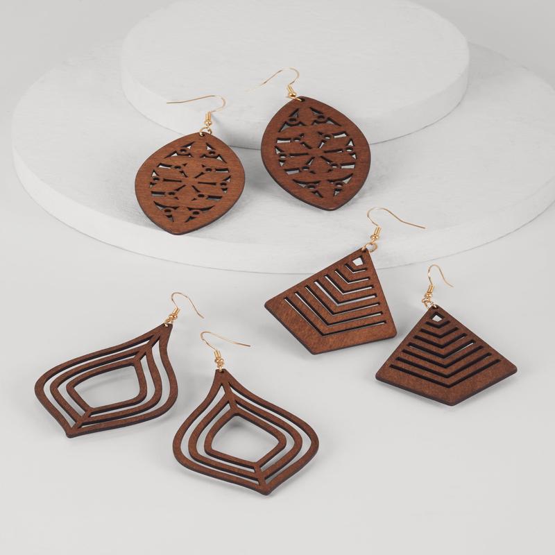 Assorted Wooden Geometric Laser Cut Drop Earring Set of 3