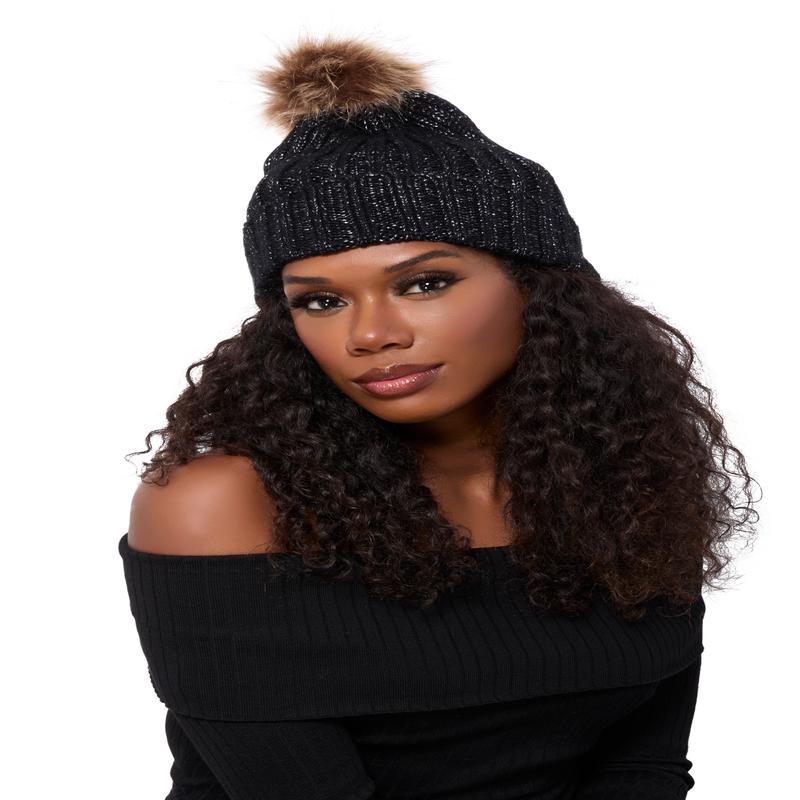 Faux Fur Pom Pom Cable Knit Beanie