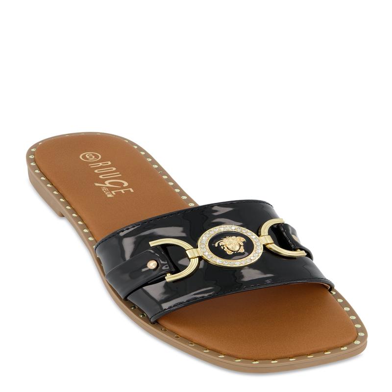 Metallic Pendant Faux Patent Leather Slide Sandals