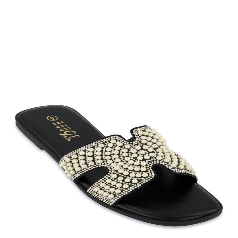 Rhinestone Faux Pearl H Band Slide Sandals