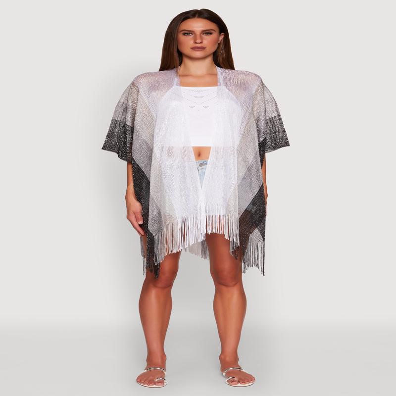 Trendy Fringe Hem Ombre Lurex Cover Up