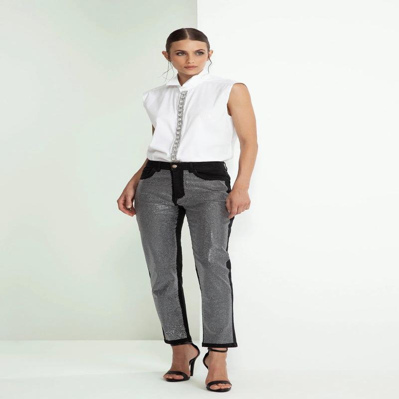 Odi Et Amo Sleeveless Jeweled Button Up