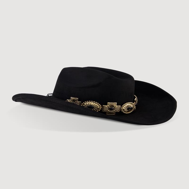 Trendy Faux Suede Metallic Cross Trim Cowboy Hat