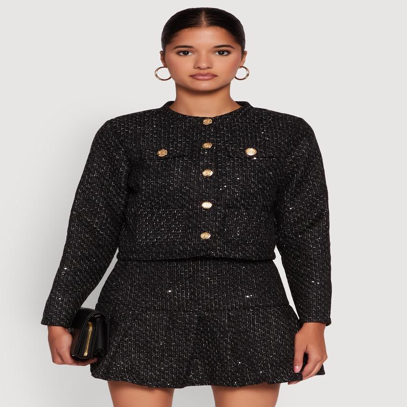 Tweed Flap Pocket Cropped Button Front Blazer