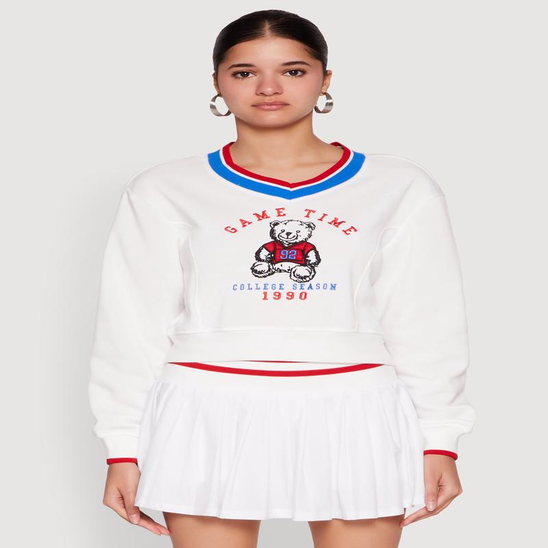 V Neck Graphic Varsity Sweatshirt