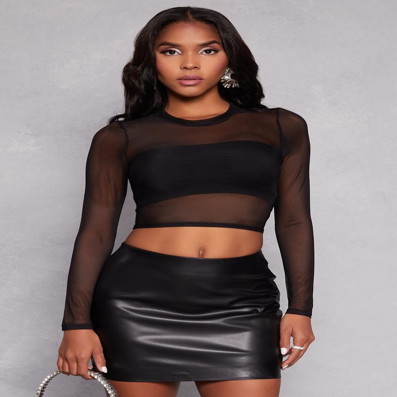 Mesh Long Sleeve Crop Top