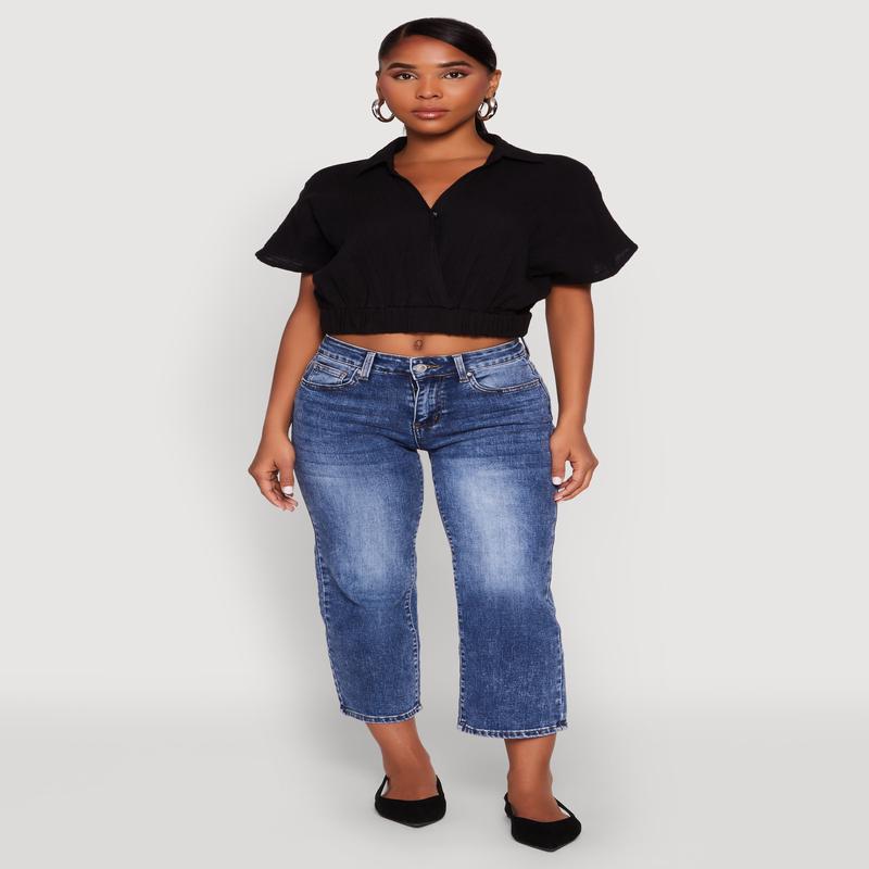 Faux Wrap Cropped Elastic Hem Blouse