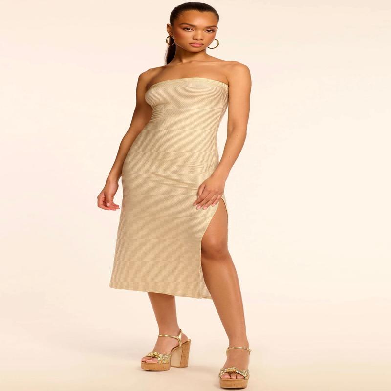 Ramy Brook Nava Scalloped Gold Midi Dress