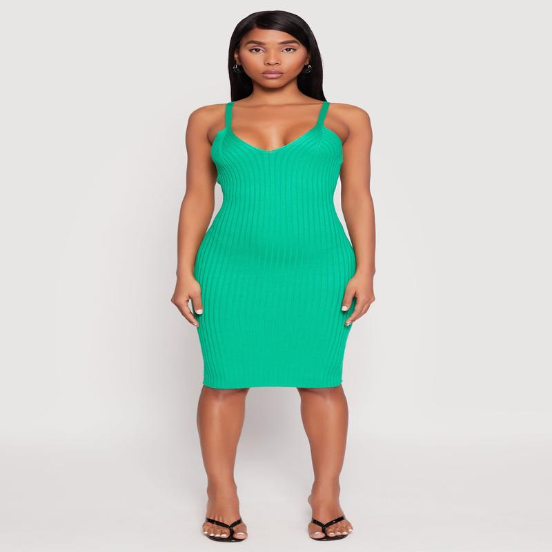 Ribbed Knit V Neck Midi Dress