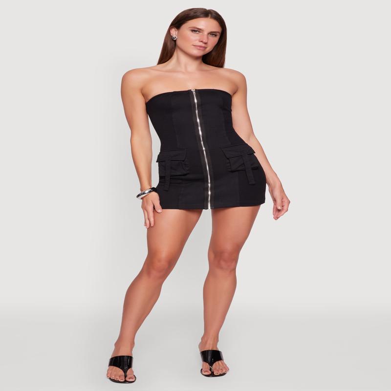 Ribbed Knit Zip Front Cargo Pocket Tube Dress