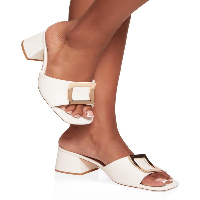 Square Pendant Open Toe Block Heel Mules