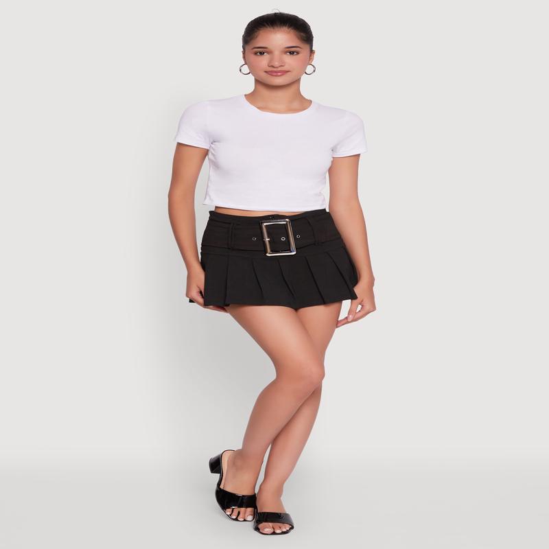 Trendy Belted Front High Waisted Mini Pleated Skirt