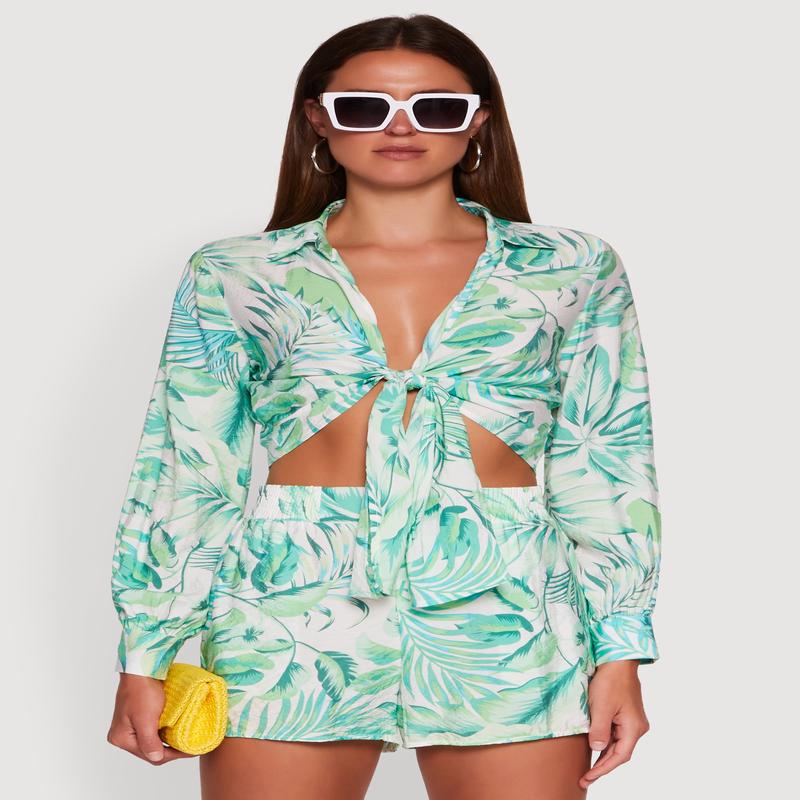 Crepe Knit Tropical Floral Tie Front Crop Top
