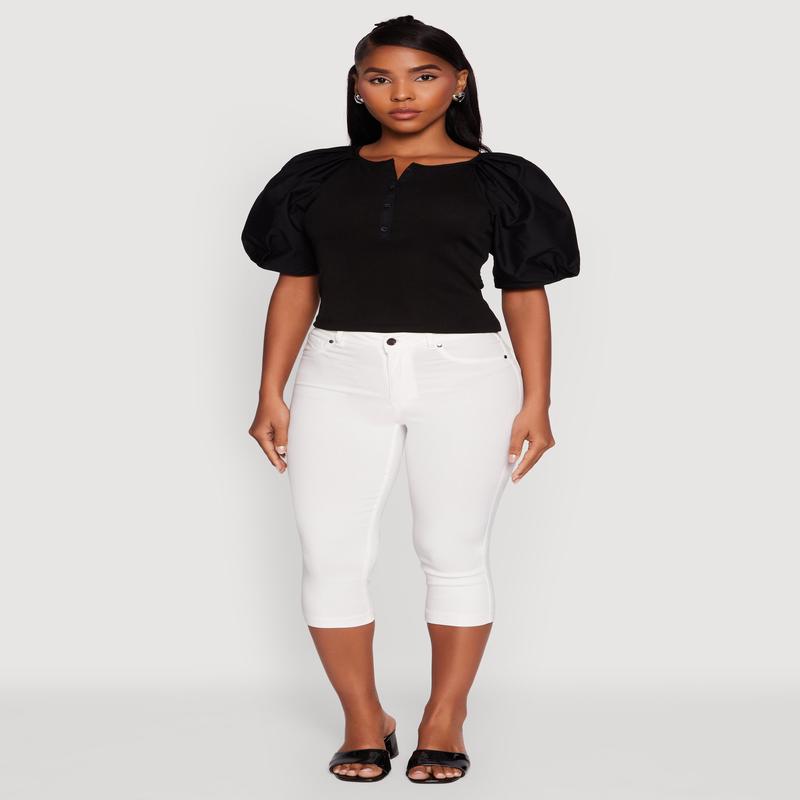 Rib Knit Puff Sleeve Henley Top