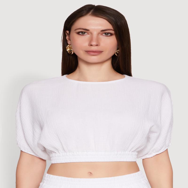 Chic Gauze Knit Crew Neck Cropped Blouse with Bubble Sleeves