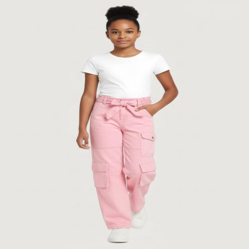 Girls Acid Wash Cargo Pants with Tie Waist Belt