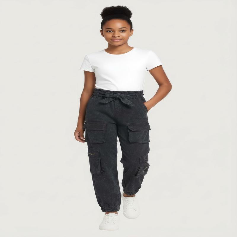 Girls Acid Wash Tie Waist Belted Cargo Joggers