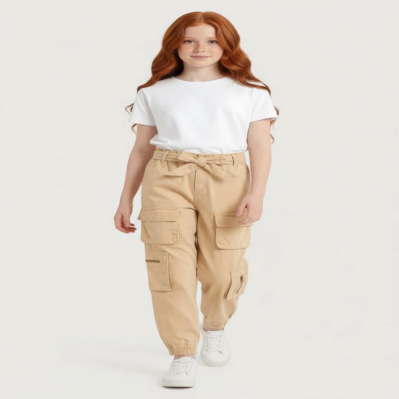 Girls Tie Waist Belted Zip Detail Cargo Joggers
