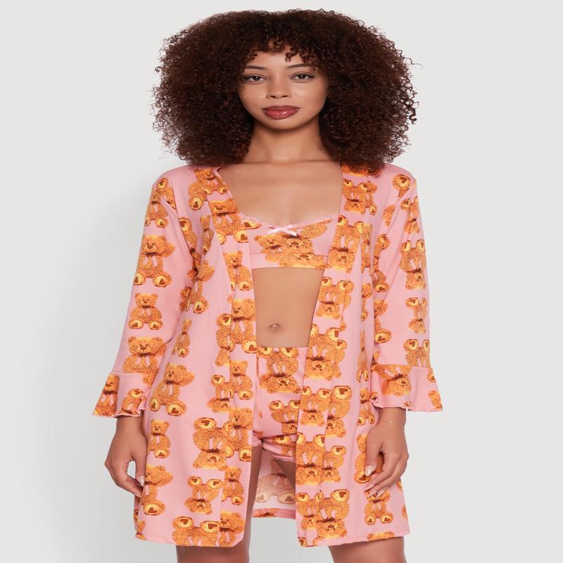Rib Knit Teddy Bear Pajama Bralette and Shorts with Robe