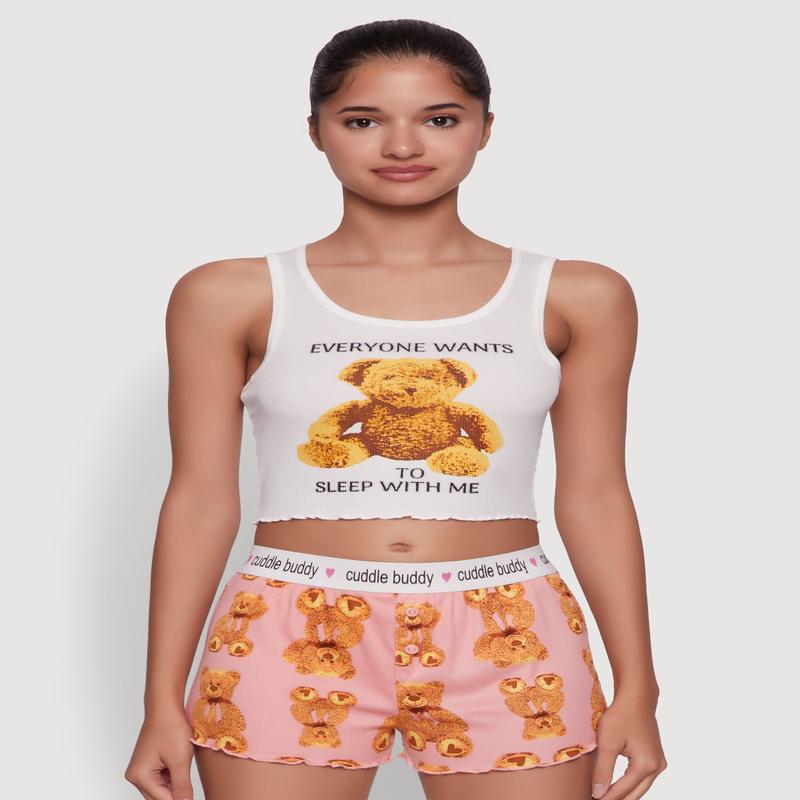 Trendy Graphic Ribbed Knit Sleeveless Pajama Set with Teddy Bear Print
