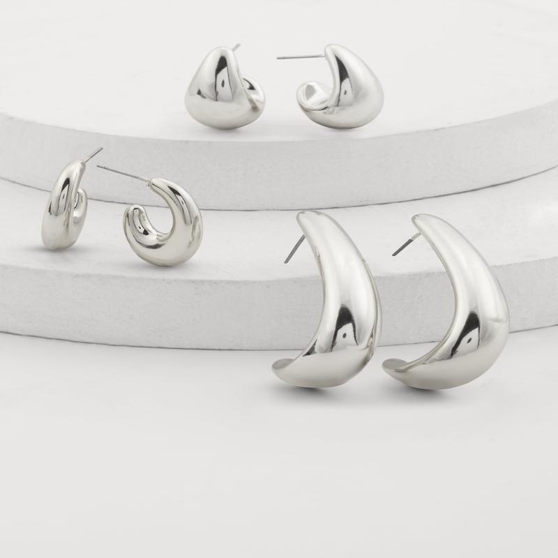 Trendy Metallic Drop Hoop Earrings Set of 3