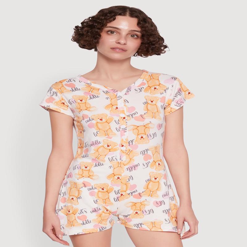 Cute Cuddle Bear Graphic Button Front Pajama Romper