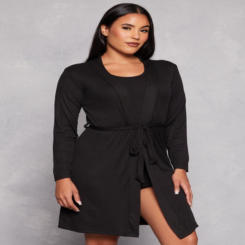 Rib Knit Cropped Pajama Tank Top and Shorts with Robe