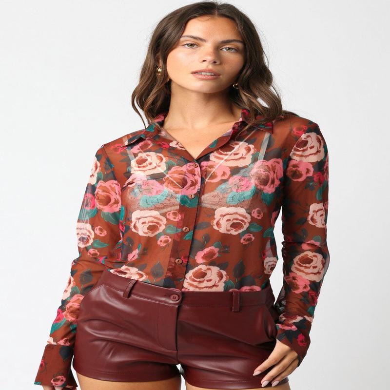 Olivaceous Deja Floral Mesh Button Down Shirt