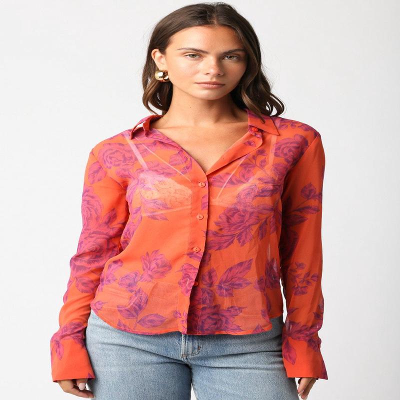 Olivaceous Talia Floral Mesh Button Down Shirt