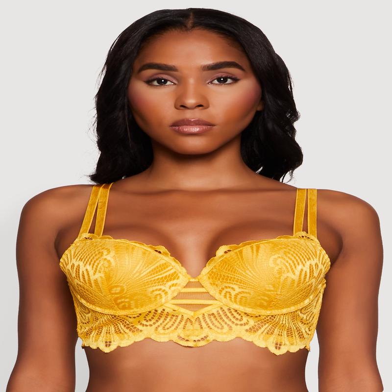 Trendy Caged Patterned Lace Trim Longline Double Strap Push Up Bra