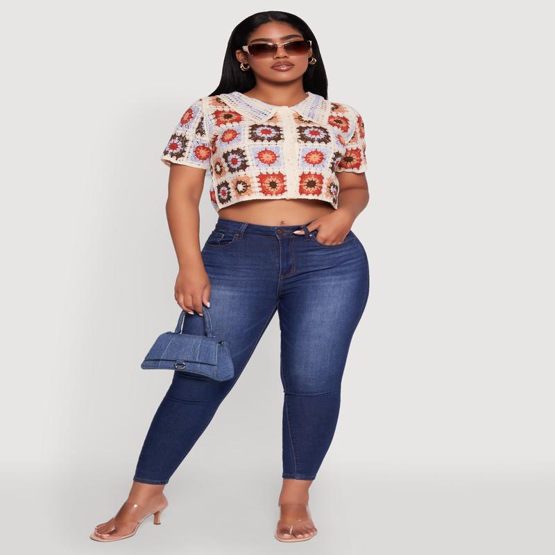 Boho Crochet Shirt with Cropped Hem and Classic Fit