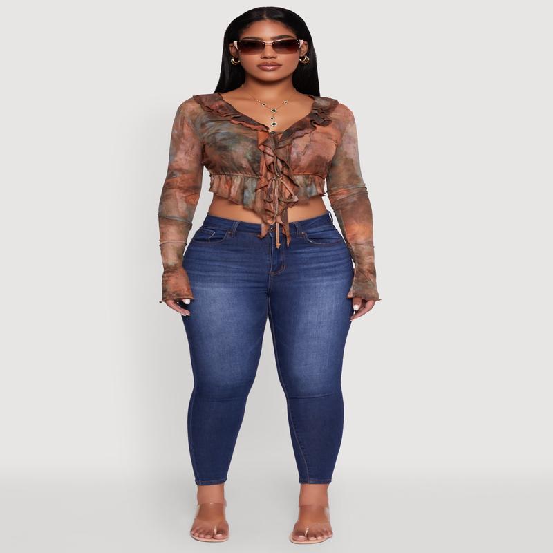 Chic Mesh Tie Front Cropped Blouse with Bell Sleeves