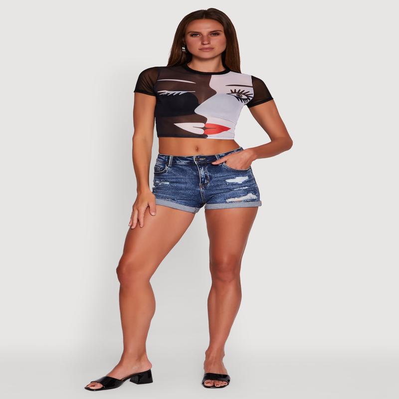 Dual Face Graphic Mesh Crop Top