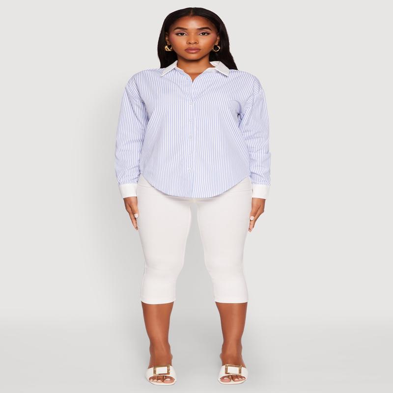 Haute Monde Striped Poplin Shirt with Contrast Trim