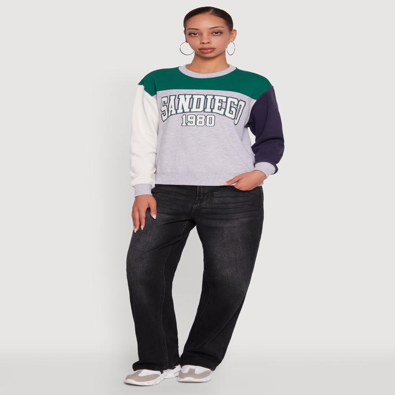 Madden Girl Color Blocked Graphic Crew Neck Sweatshirt