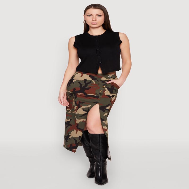 Asymmetrical Front Slit Camo Cargo Skirt