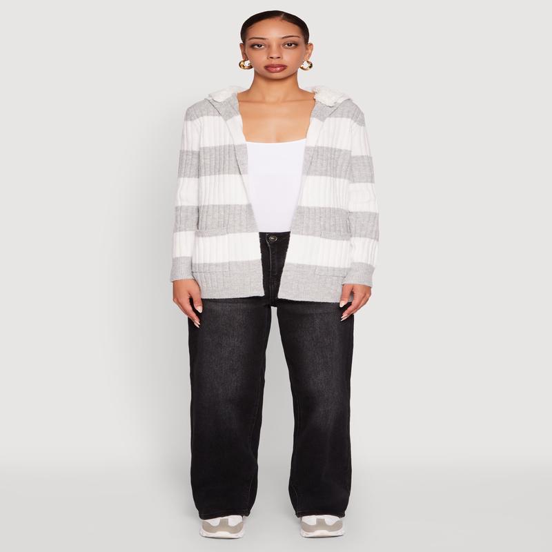 Madden Girl Striped Sherpa Lined Hooded Cardigan