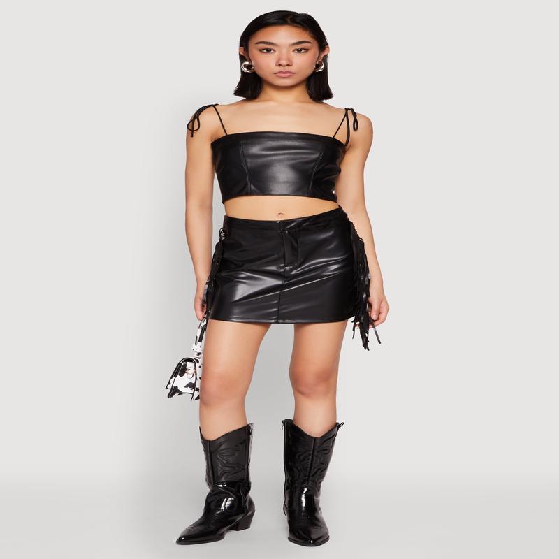 Side Fringe Faux Leather Mini Skirt