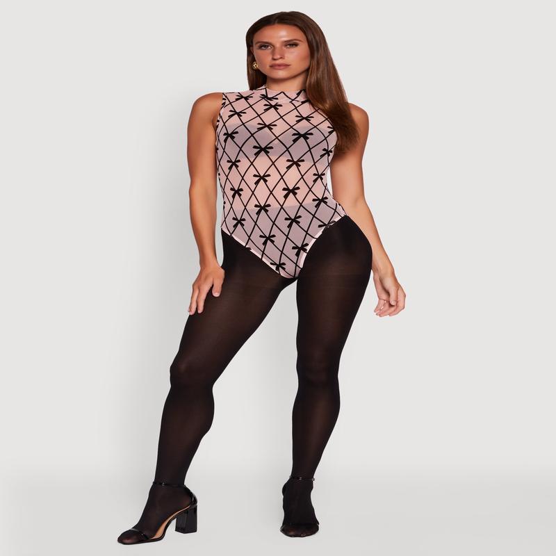 Sleeveless Mock Neck Velvet Burnout Patterned Mesh Bodysuit