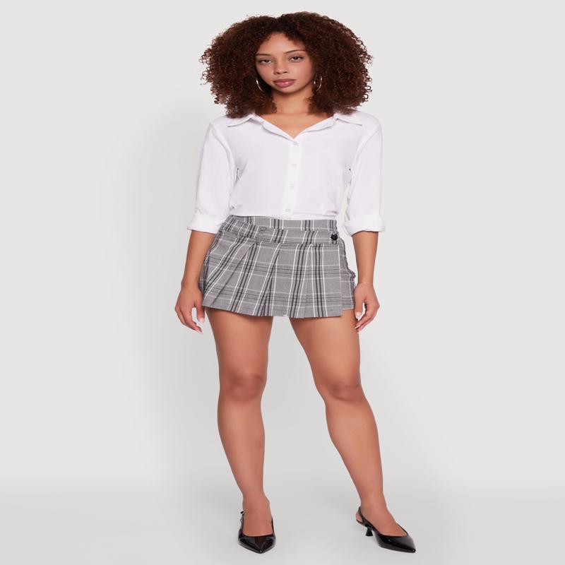 Haute Monde Plaid Pleated Faux Wrap Asymmetrical Skort