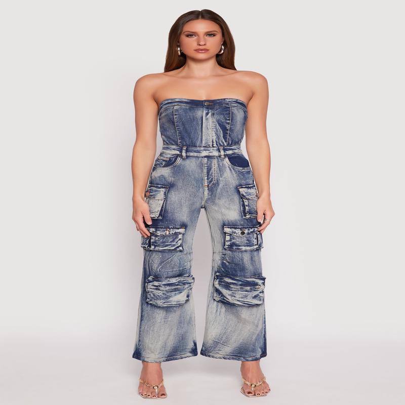 Spoon Jeans Denim Acid Wash Cargo Jumpsuit